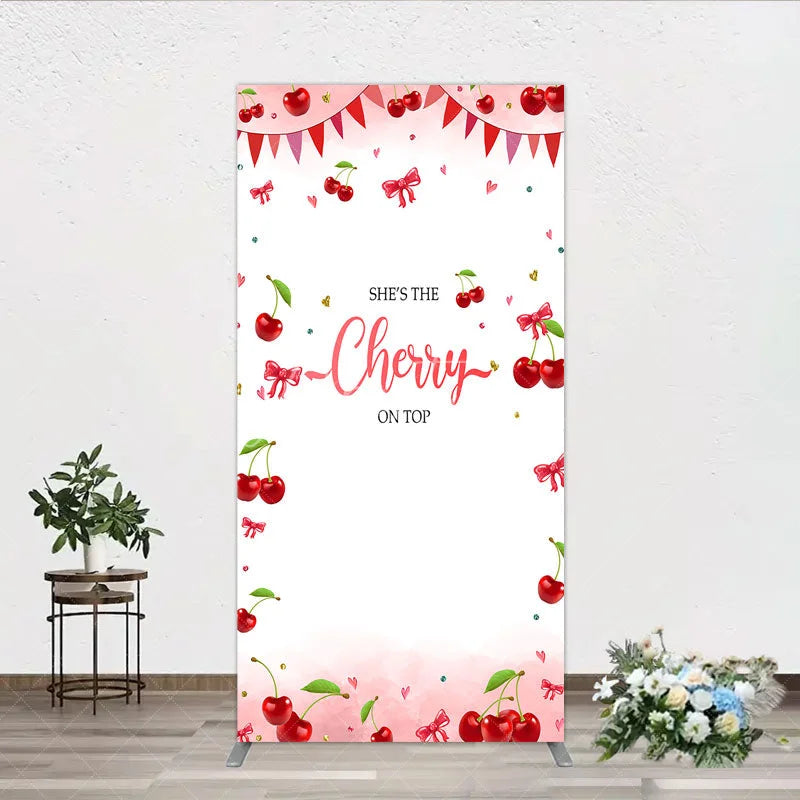 Aperturee - Aperturee Cherry Theme Rectangle Backdrop Pink Watercolor Fruit Red Bows Background She Is The Cherry On Top Baby Shower