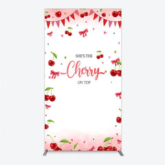 Aperturee - Aperturee Cherry Theme Rectangle Backdrop Pink Watercolor Fruit Red Bows Background She Is The Cherry On Top Baby Shower