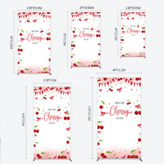 Aperturee - Aperturee Cherry Theme Rectangle Backdrop Pink Watercolor Fruit Red Bows Background She Is The Cherry On Top Baby Shower