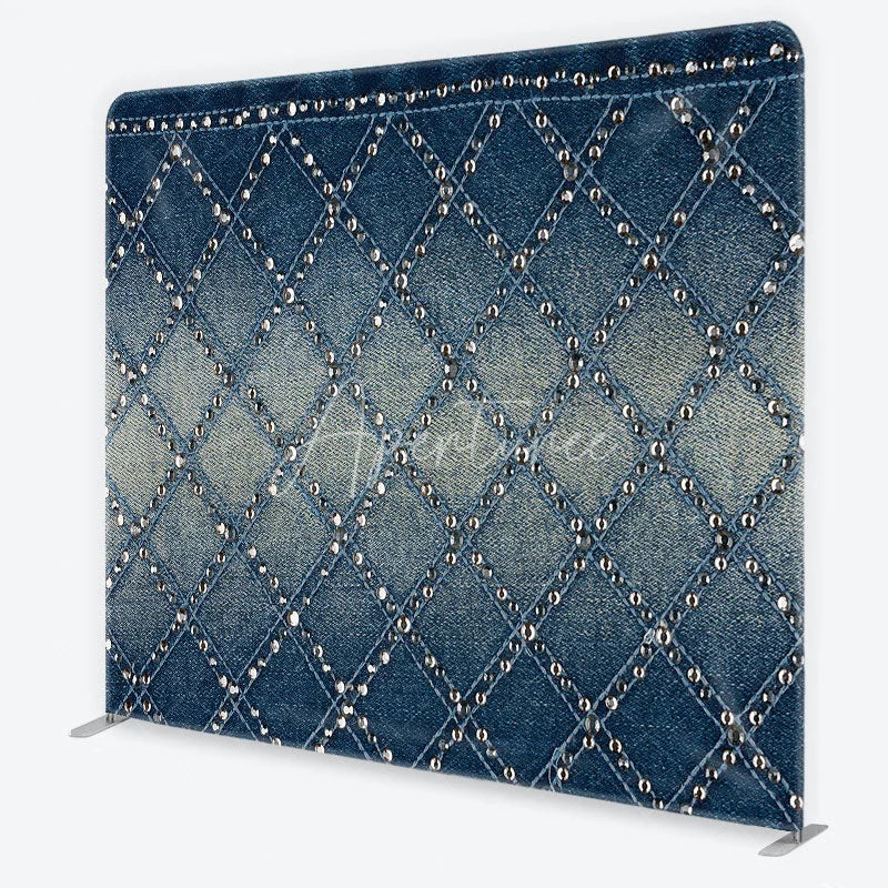 Aperturee - Aperturee Chic Blue Denim Texture Square Double-Sided Backdrop Diamond Pattern with Sparkling Silver Studs for Stylish Photos