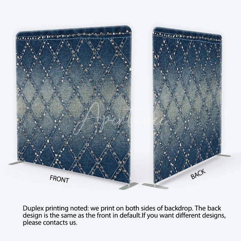 Aperturee - Aperturee Chic Blue Denim Texture Square Double-Sided Backdrop Diamond Pattern with Sparkling Silver Studs for Stylish Photos