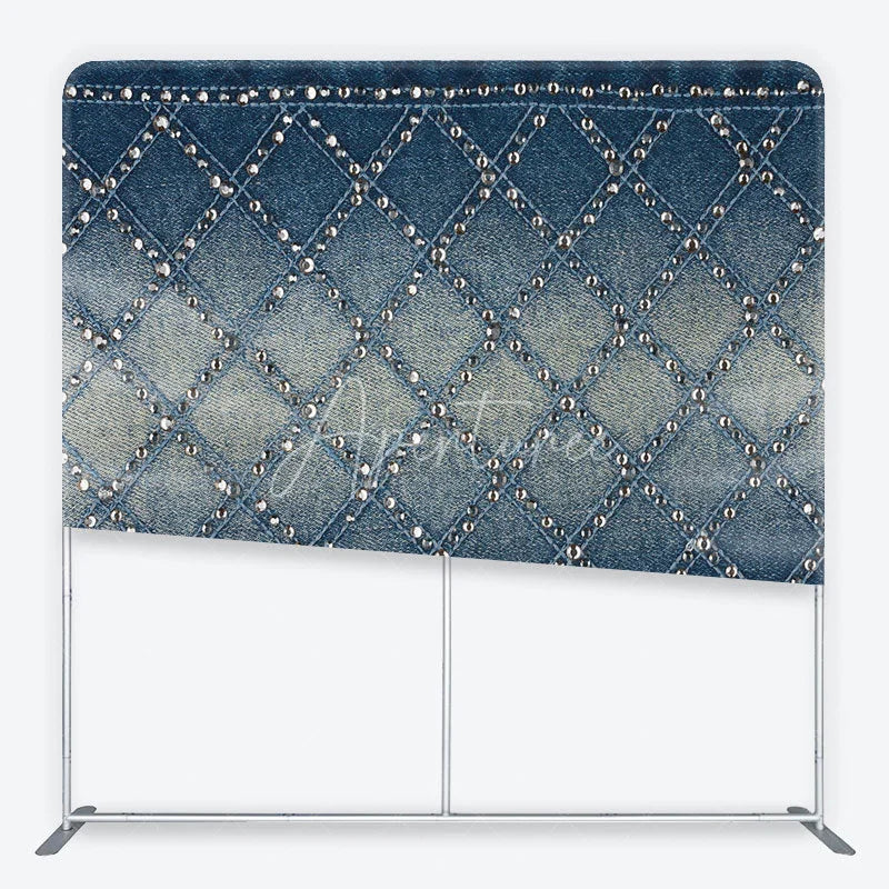 Aperturee - Aperturee Chic Blue Denim Texture Square Double-Sided Backdrop Diamond Pattern with Sparkling Silver Studs for Stylish Photos