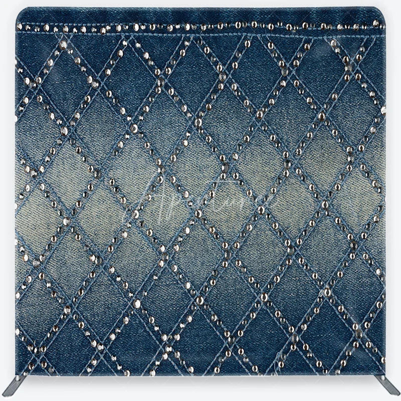 Aperturee - Aperturee Chic Blue Denim Texture Square Double-Sided Backdrop Diamond Pattern with Sparkling Silver Studs for Stylish Photos
