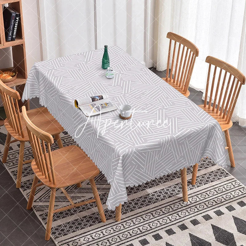 Aperturee - Aperturee Chic Grey Lines Rectangle Tablecloth For Dining Room