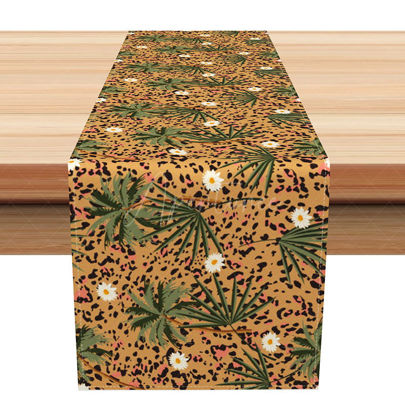 Aperturee - Aperturee Chic Leopard Print Table Runner with White Flowers Khaki Animal Print for Modern and Glam Dining Decor