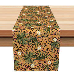 Aperturee - Aperturee Chic Leopard Print Table Runner with White Flowers Khaki Animal Print for Modern and Glam Dining Decor