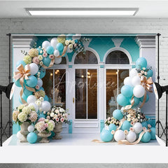 Aperturee - Aperturee Chic Light Blue and White Balloon Garland Storefront Photography Backdrop Elegant Floral Celebration Party Decor
