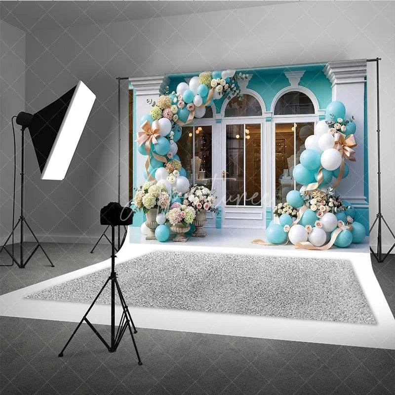 Aperturee - Aperturee Chic Light Blue and White Balloon Garland Storefront Photography Backdrop Elegant Floral Celebration Party Decor