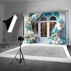 Aperturee - Aperturee Chic Light Blue and White Balloon Garland Storefront Photography Backdrop Elegant Floral Celebration Party Decor