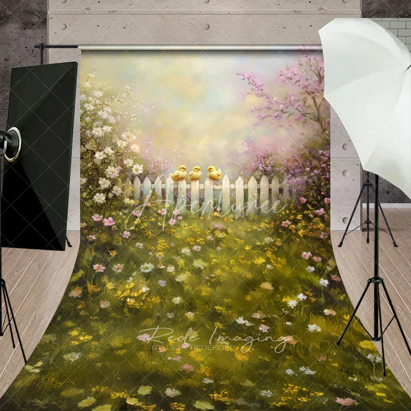 Aperturee - Aperturee Chicks on White Fence Backdrop Artistic Oil Painting Floral Meadow Scene Easter and Spring Photography