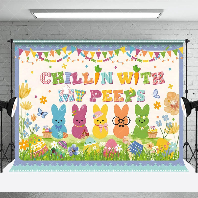 Aperturee - Aperturee Chillin With My Peeps Backdrop Funny Bunnies with Glasses and Hats Background Easter Party Decorations for Kids