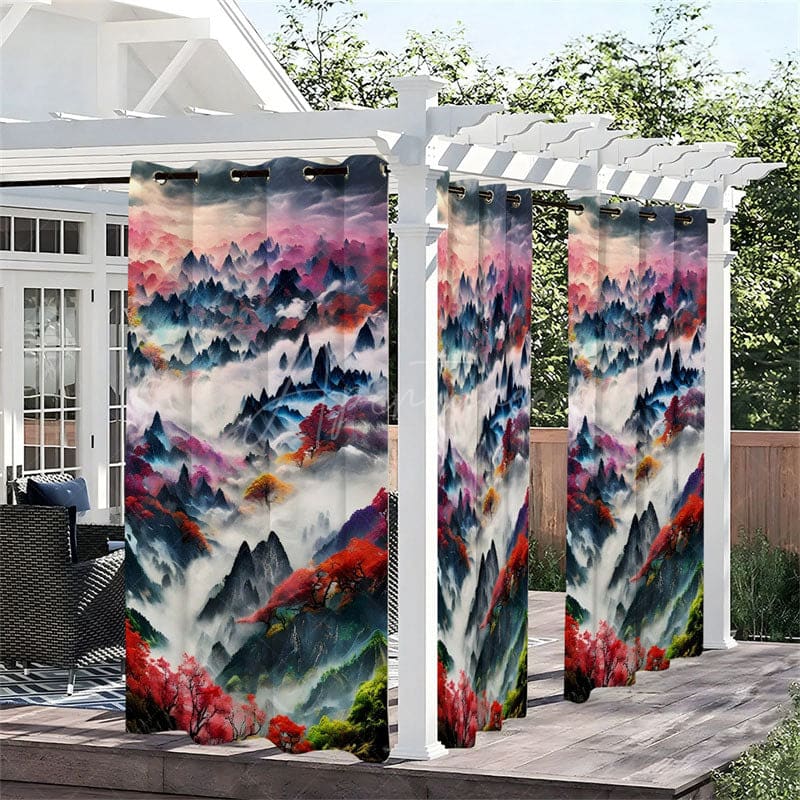 Aperturee - Aperturee Chinese Hill View Waterproof Printed Outdoor Curtains