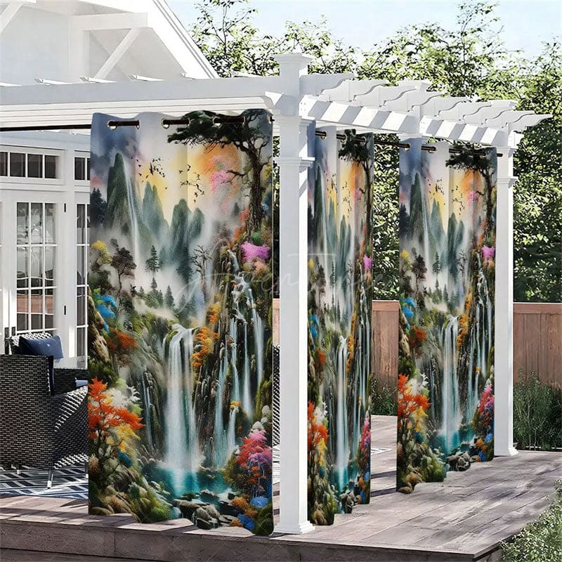 Aperturee - Aperturee Chinese Mountain Waterproof Printed Outdoor Curtains