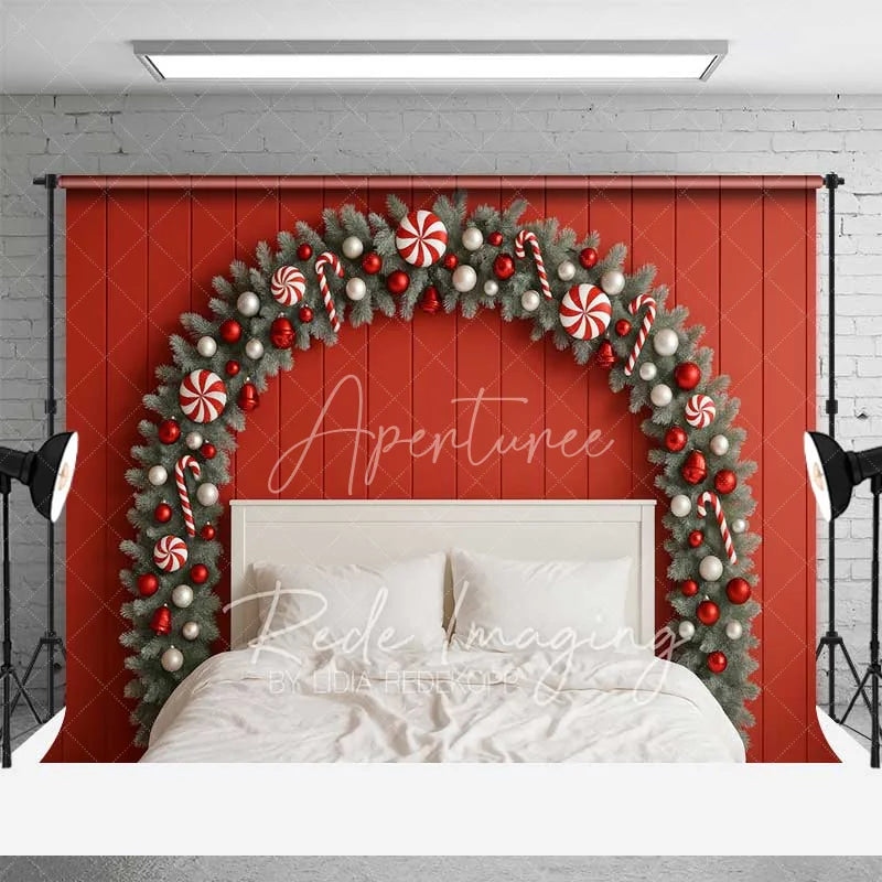 Aperturee - Aperturee Christmas Bedroom Headboard Backdrop Red Wall Candy Cane Fir Arch White Bed Photo Background