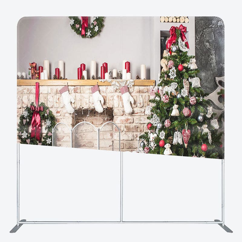 Aperturee - Aperturee Christmas Brick Fireplace Wreath Tension Fabric Backdrop