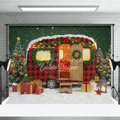 Aperturee - Aperturee Christmas Camper Photography Backdrop Red Buffalo Plaid Vintage Trailer Snowy Holiday Mini Session Background