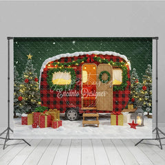 Aperturee - Aperturee Christmas Camper Photography Backdrop Red Buffalo Plaid Vintage Trailer Snowy Holiday Mini Session Background