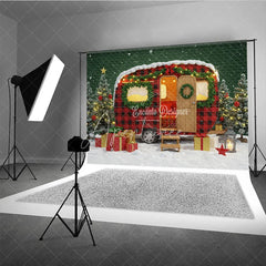 Aperturee - Aperturee Christmas Camper Photography Backdrop Red Buffalo Plaid Vintage Trailer Snowy Holiday Mini Session Background