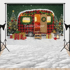 Aperturee - Aperturee Christmas Camper with Red Plaid Combo Set Backdrop Vintage Trailer in Snow Holiday Mini Session Photo Floor