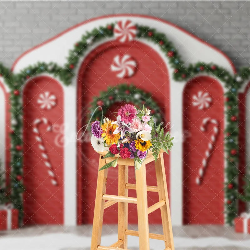 Aperturee - Aperturee Christmas Candy Cane Archway Photography Backdrop Red and White Peppermint Theme Holiday Party Photo Booth Decor