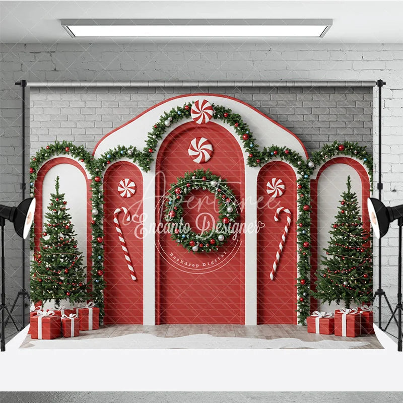 Aperturee - Aperturee Christmas Candy Cane Archway Photography Backdrop Red and White Peppermint Theme Holiday Party Photo Booth Decor