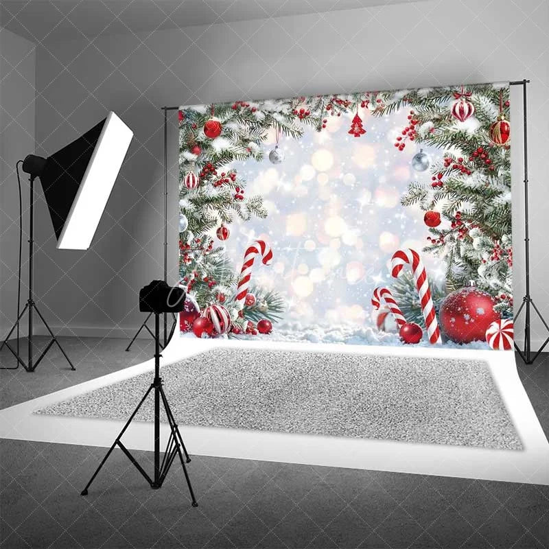 Aperturee - Aperturee Christmas Candy Cane Backdrop Winter Snow Pine Tree Branch Photography Background