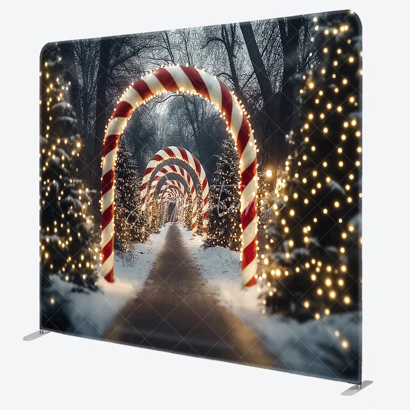 Aperturee - Aperturee Christmas Candy Cane Lane Tension Fabric Backdrop Winter Wonderland Archway Holiday Season Photo Booth Background