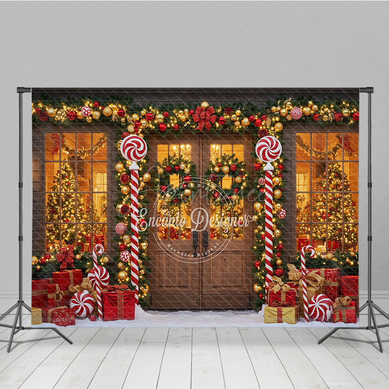 Aperturee - Aperturee Christmas Candy Cane Porch Photography Backdrop Red and Gold Garland Decor Holiday Photo Booth Background