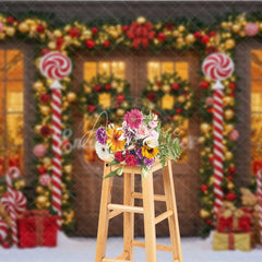 Aperturee - Aperturee Christmas Candy Cane Porch Photography Backdrop Red and Gold Garland Decor Holiday Photo Booth Background