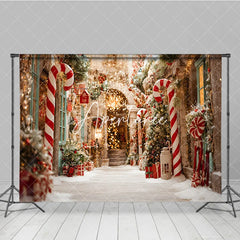 Aperturee - Aperturee Christmas Candy Cane Snow Street Holiday Backdrop Festive Warm Lights and Pine Tree Winter Party Decor