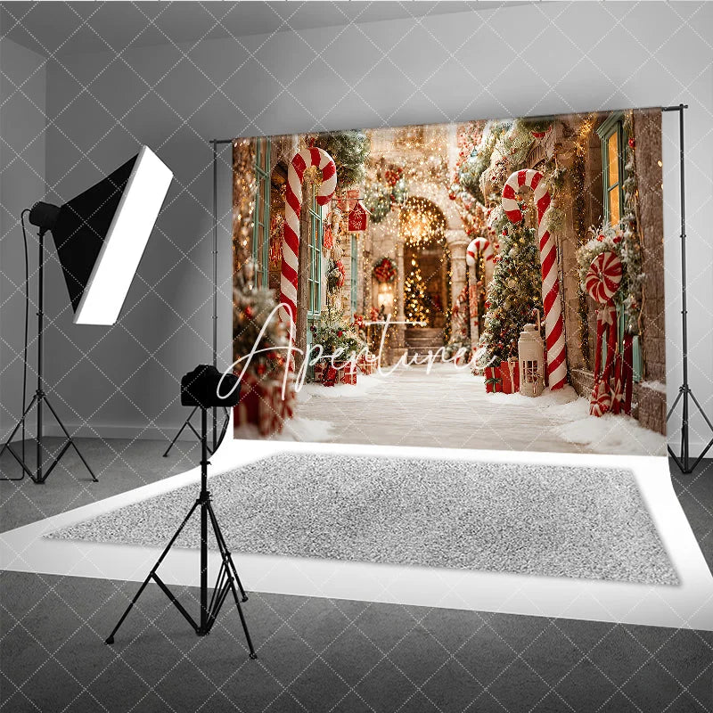 Aperturee - Aperturee Christmas Candy Cane Snow Street Holiday Backdrop Festive Warm Lights and Pine Tree Winter Party Decor