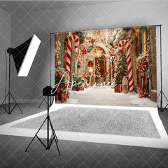Aperturee - Aperturee Christmas Candy Cane Snow Street Holiday Backdrop Festive Warm Lights and Pine Tree Winter Party Decor