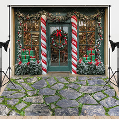 Aperturee - Aperturee Christmas Candy Cane Storefront Combo Set Backdrop Winter Holiday Shop Window Stone Floor Photography Prop