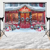 Aperturee - Aperturee Christmas Candy Shop Combo Set Backdrop Holiday Storefront with Snow Floor Winter Wonderland Photo Booth