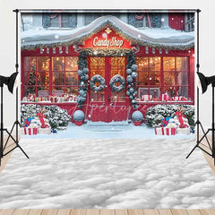 Aperturee - Aperturee Christmas Candy Shop Combo Set Backdrop Holiday Storefront with Snow Floor Winter Wonderland Photo Booth