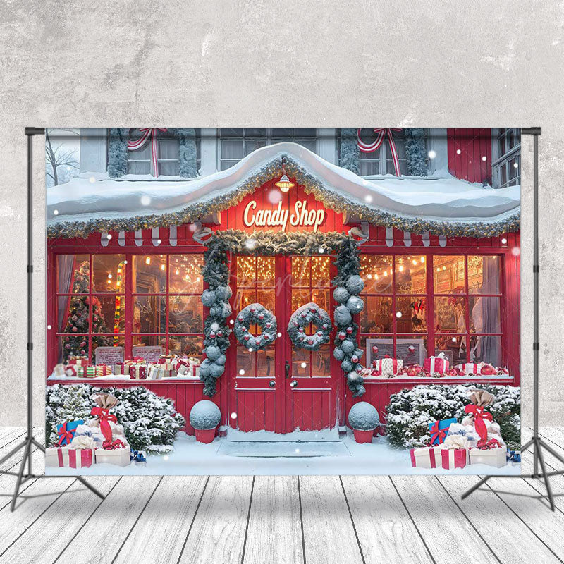 Aperturee - Aperturee Christmas Candy Shop Combo Set Backdrop Holiday Storefront with Snow Floor Winter Wonderland Photo Booth