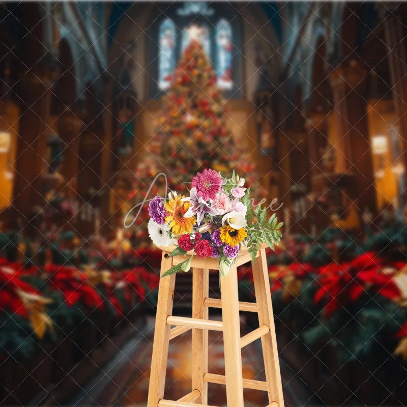 Aperturee - Aperturee Christmas Church Backdrop Grand Altar Tree Poinsettia Photography Background Religious Cathedral Holiday Party