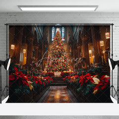 Aperturee - Aperturee Christmas Church Backdrop Grand Altar Tree Poinsettia Photography Background Religious Cathedral Holiday Party