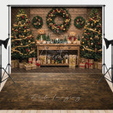 Aperturee - Aperturee Christmas Combo Set Backdrop Rustic Wood Wall and Floor Xmas Tree Wreath Holiday Photo Booth Props