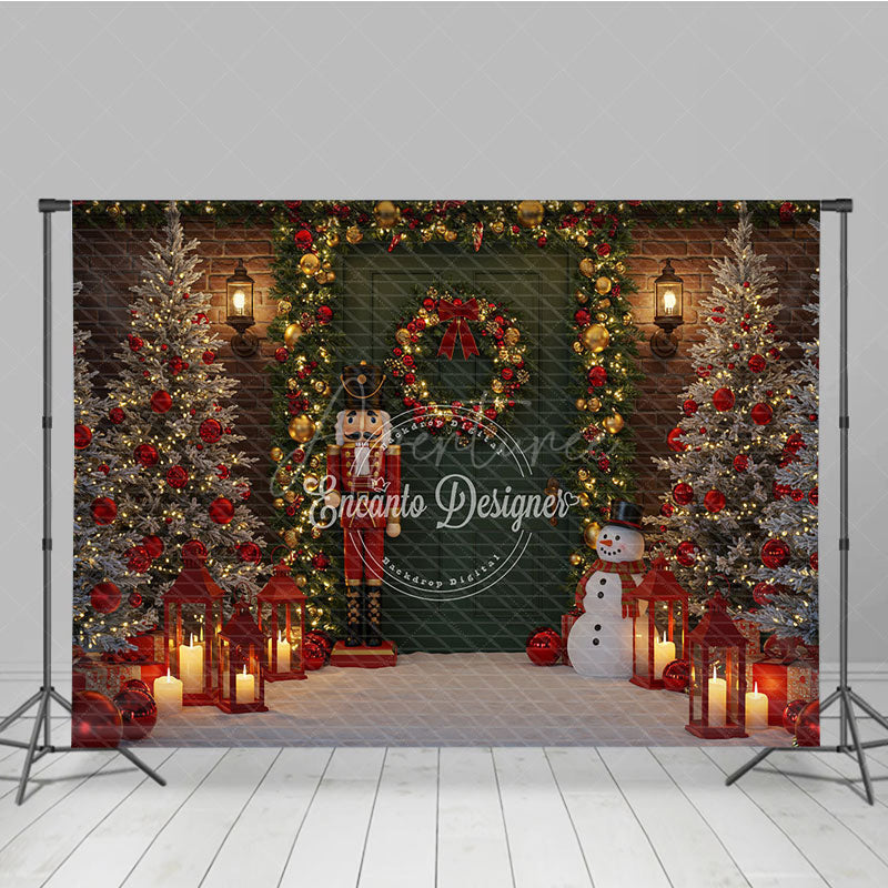 Aperturee - Aperturee Christmas Door Photography Backdrop with Nutcracker and Snowman Green Door Holiday Mini Session Background