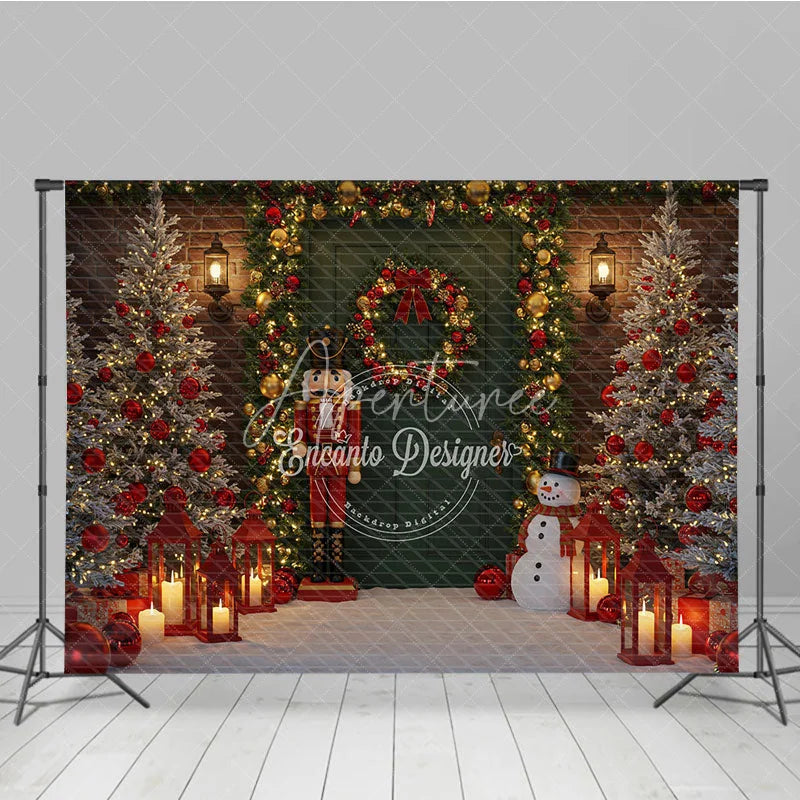 Aperturee - Aperturee Christmas Door Photography Backdrop with Nutcracker and Snowman Green Door Holiday Mini Session Background