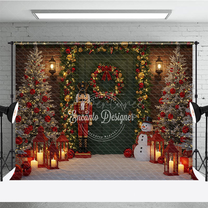 Aperturee - Aperturee Christmas Door Photography Backdrop with Nutcracker and Snowman Green Door Holiday Mini Session Background