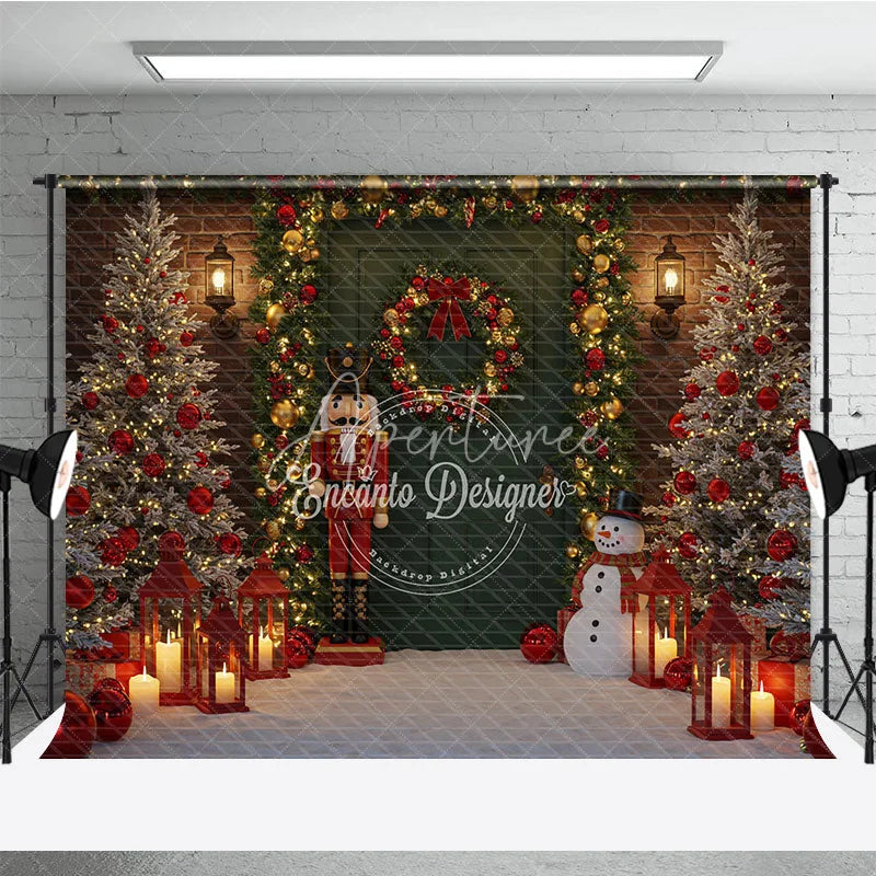 Aperturee - Aperturee Christmas Door Photography Backdrop with Nutcracker and Snowman Green Door Holiday Mini Session Background