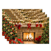 Aperturee - Aperturee Christmas Fireplace Set of 4 Placemats Cozy Xmas Tree with Stockings String Lights Holiday Table Mats