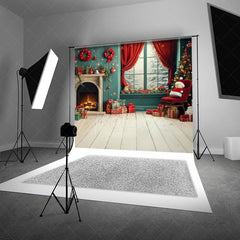 Aperturee Aperturee Christmas Fireplace Sweep Photo Backdrop Cozy Room with Snowman and Gifts Teal and Red Holiday Studio Prop