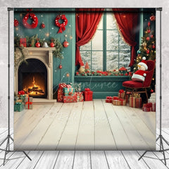 Aperturee Aperturee Christmas Fireplace Sweep Photo Backdrop Cozy Room with Snowman and Gifts Teal and Red Holiday Studio Prop