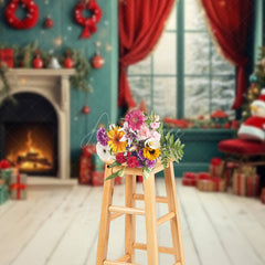 Aperturee Aperturee Christmas Fireplace Sweep Photo Backdrop Cozy Room with Snowman and Gifts Teal and Red Holiday Studio Prop