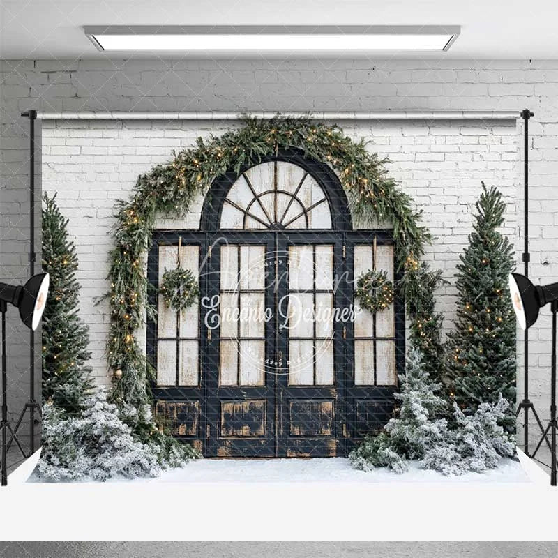 Aperturee - Aperturee Christmas Front Door Backdrop Black Arched Window Wreath Pine Trees Lights Snow White Brick Background
