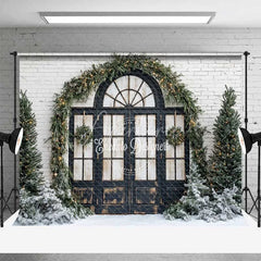 Aperturee - Aperturee Christmas Front Door Backdrop Black Arched Window Wreath Pine Trees Lights Snow White Brick Background