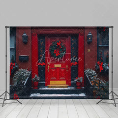 Aperturee - Aperturee Christmas Front Door Backdrop Red Brick House Wreath Photography Background Winter Snow Entryway Holiday Party
